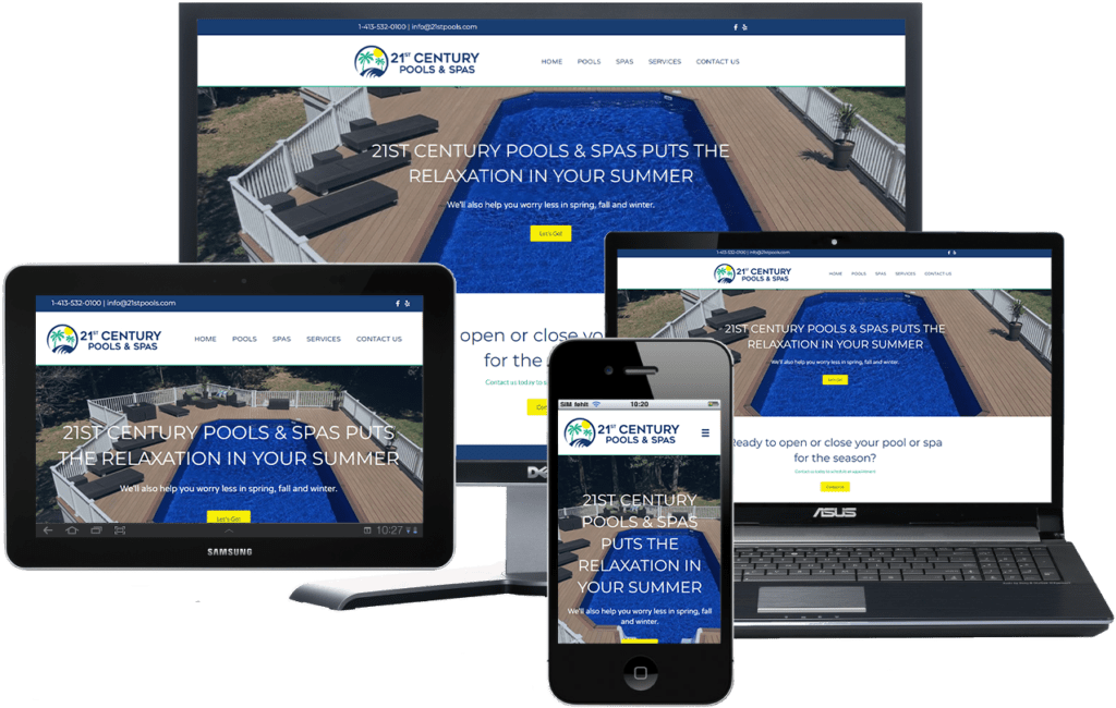 Portfolio image of 21st Pools website on different devices.